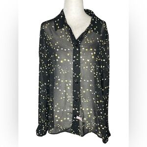 Cabi whimsical Sheer Button Down Blouse Black w Yellow & White Stars Size S